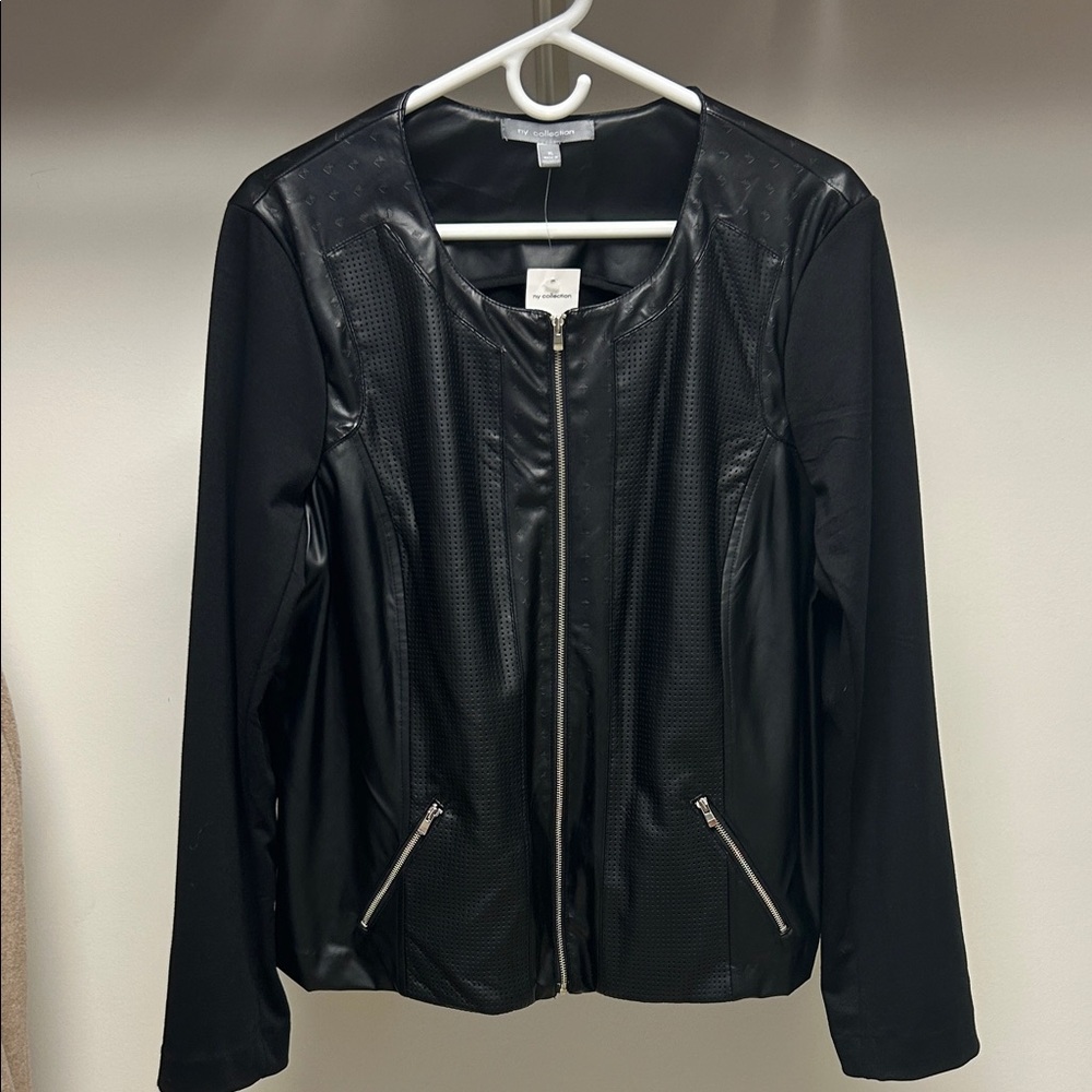 NY Collection Black Leather Jacket with Zipper Accents
